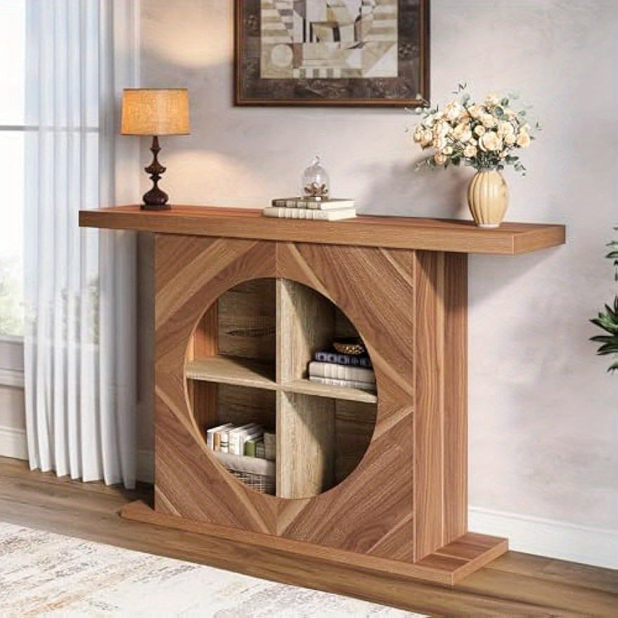 47.2 Inches Console Table, Rustic Wood Entryway Table with 4-Cube Storage, Narrow Sofa Table Behind Couch, Foyer Table for Entryway, Living Room, Hallway, Unique Design