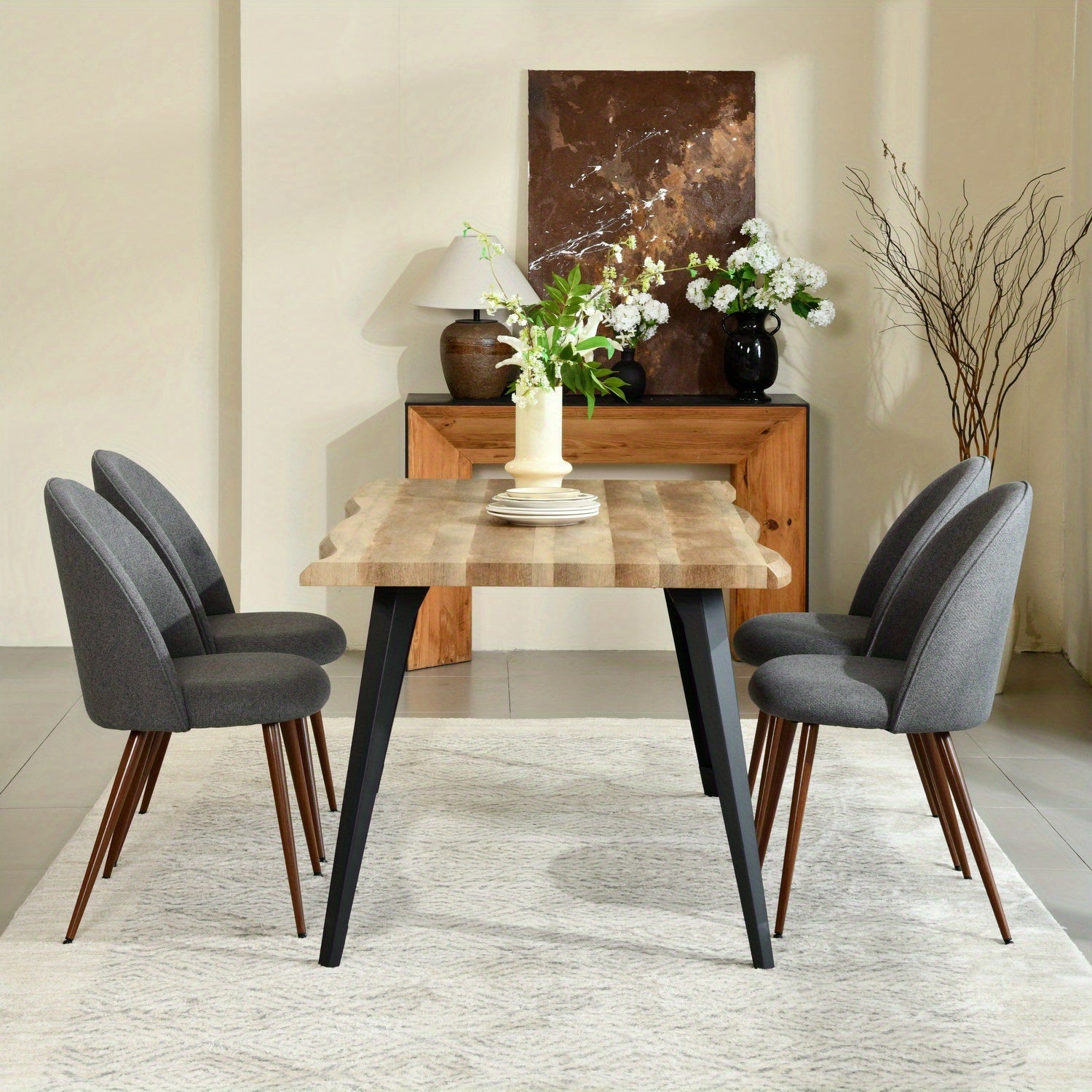 Set of 2 Mid-Century Modern Dining Chairs, Beige, Grey Fabric, or Brown Suede with Walnut Metal Legs, Stylish Accent for Dining Area, Living Room, or Office