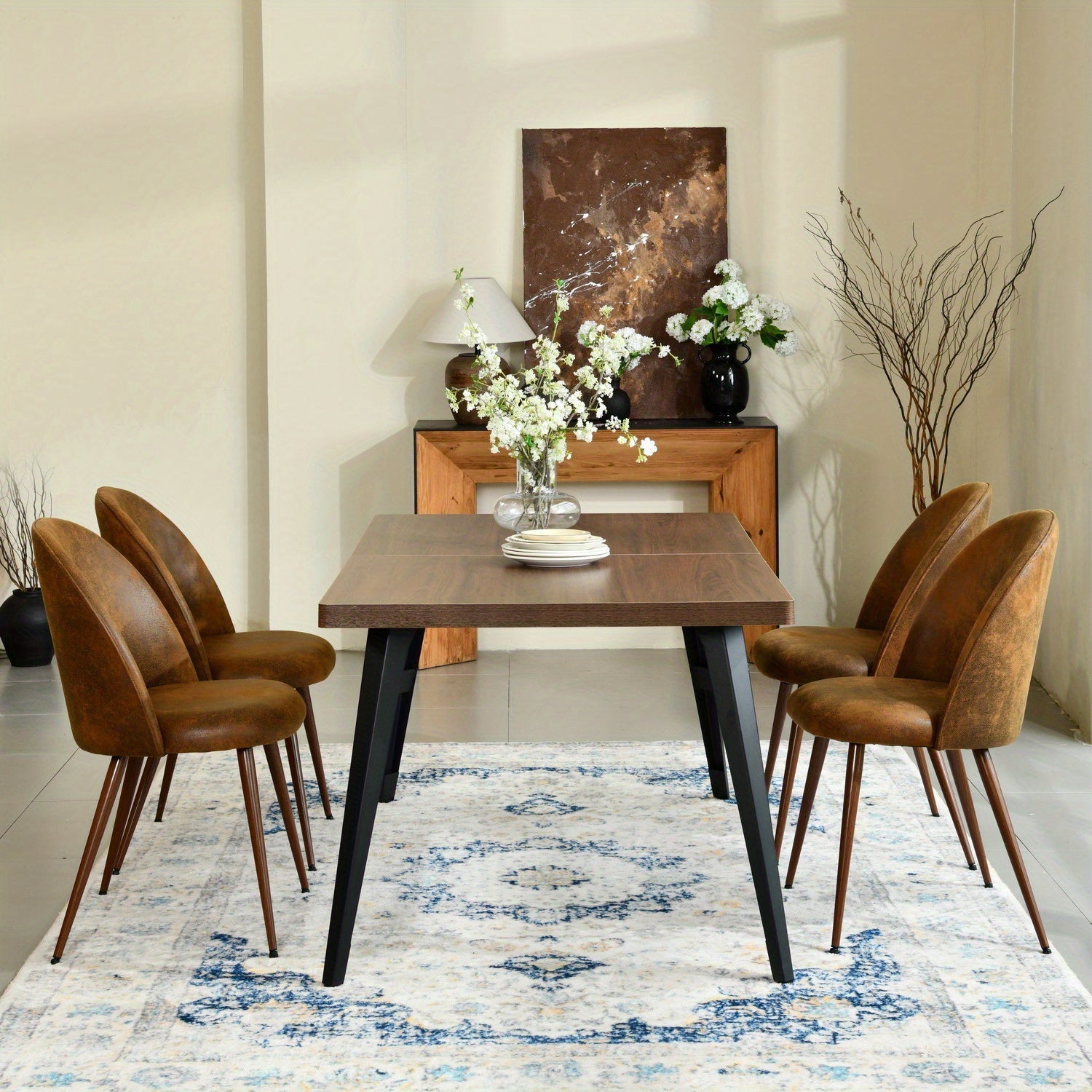 Set of 2 Mid-Century Modern Dining Chairs, Beige, Grey Fabric, or Brown Suede with Walnut Metal Legs, Stylish Accent for Dining Area, Living Room, or Office