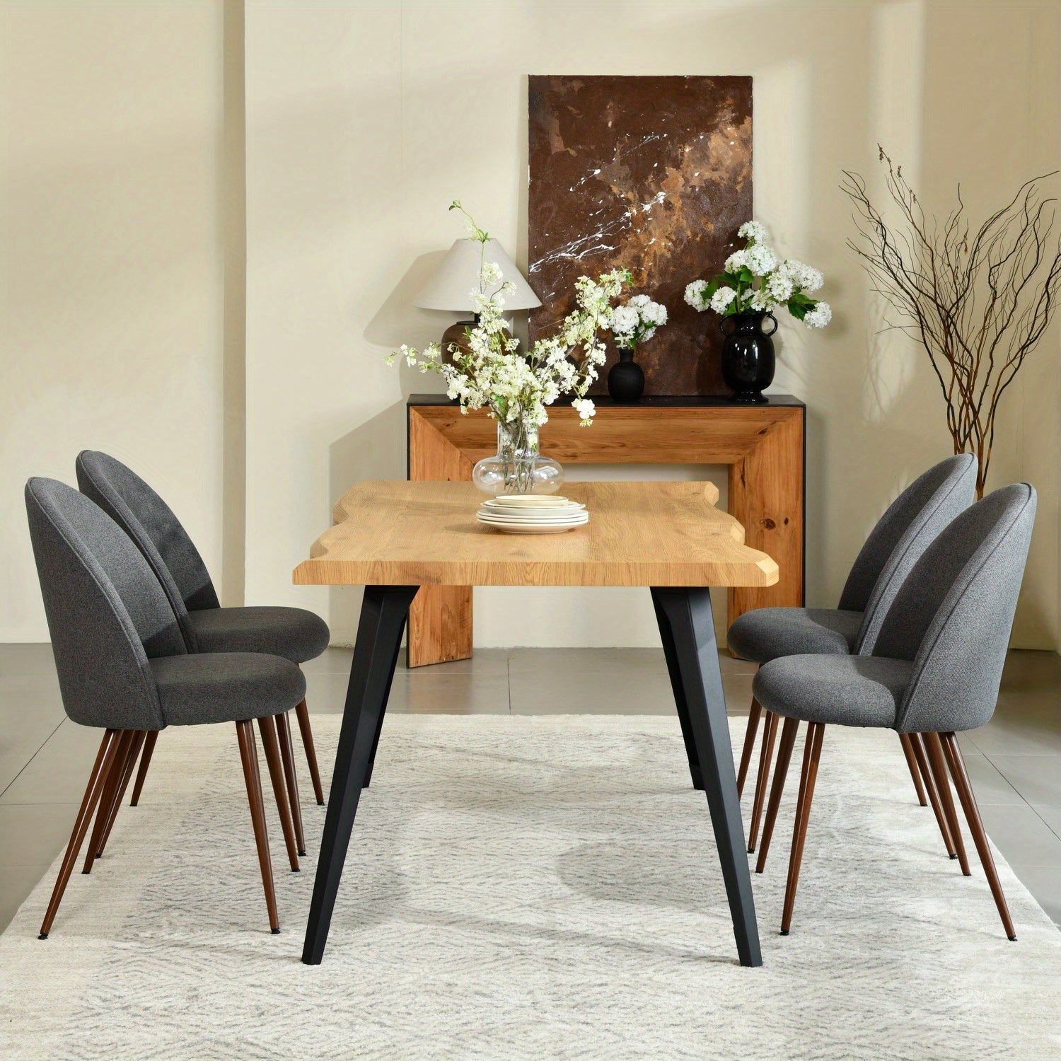 Set of 2 Mid-Century Modern Dining Chairs, Beige, Grey Fabric, or Brown Suede with Walnut Metal Legs, Stylish Accent for Dining Area, Living Room, or Office