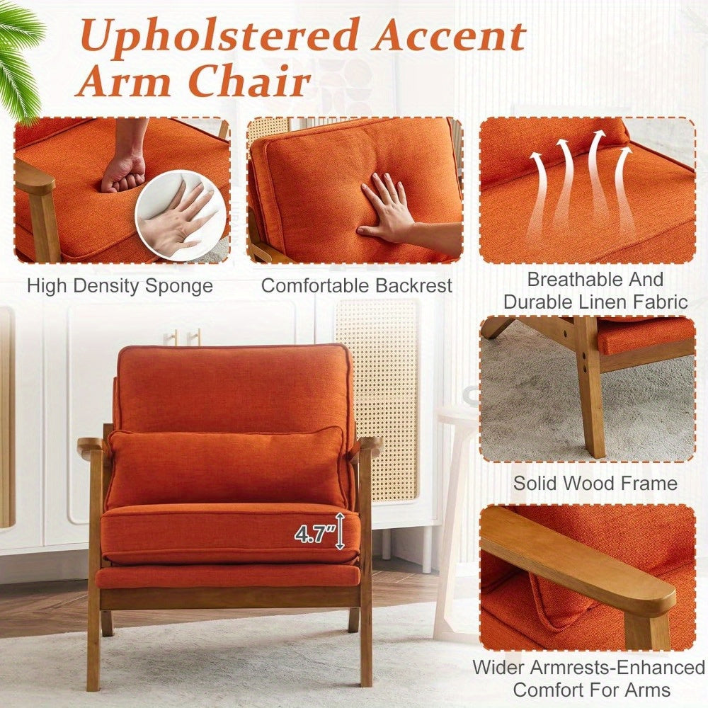 Solid Wood Wide Armrests Accent Chair Set of 2, Upholstered Mid Century Modern Chair with Pillow, Farmhouse Arm Chair Comfy Reading Chair, Chairs Living Room, Bedroom, Guest Room, Linen Fabric, Orange