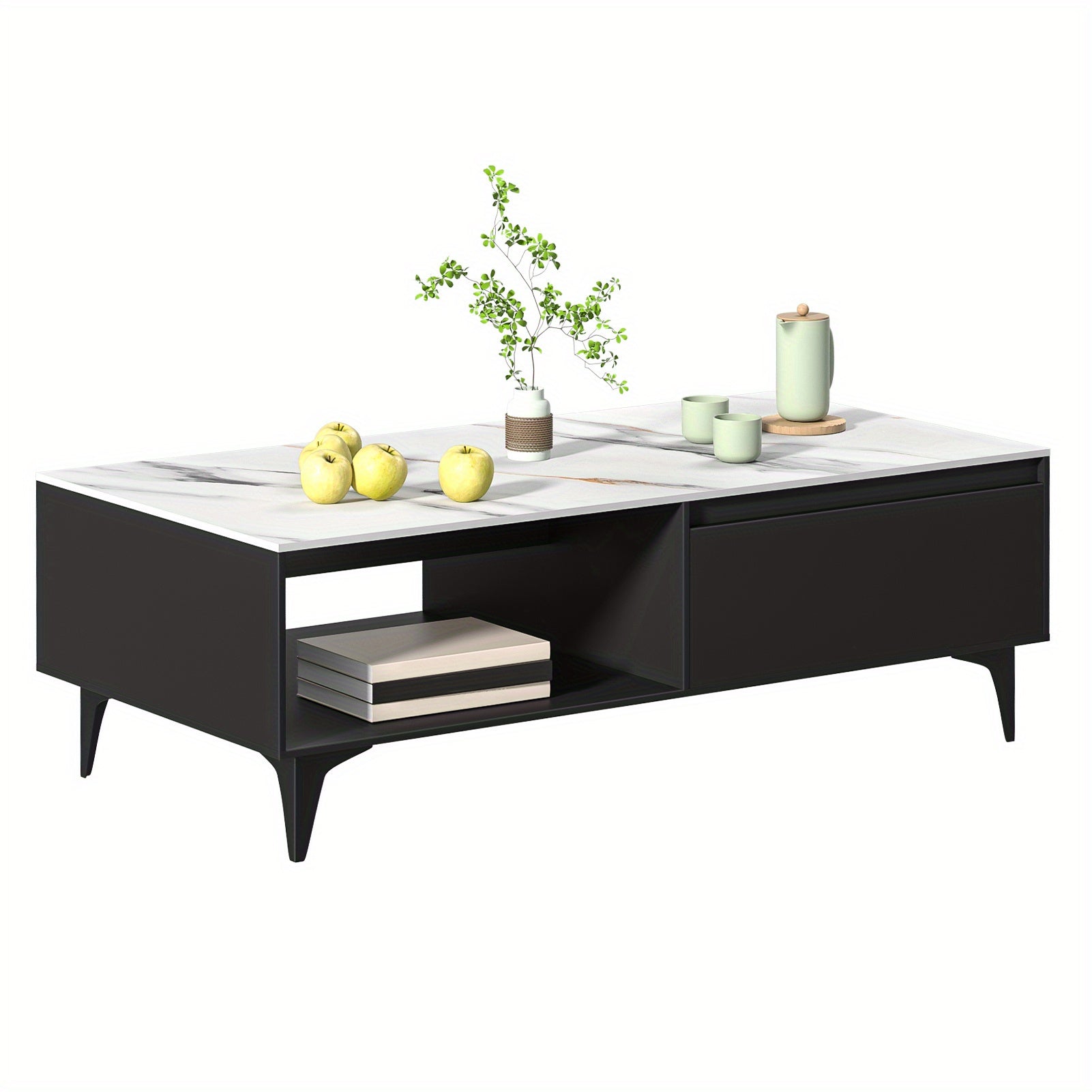 1 x Coffee Table Coffee Table, Modern End Table with Storage, Small Home Balcony Table, Rectangular Wooden Center Table with Drawers, Marble Top 47.24"x23.62"x15.75"