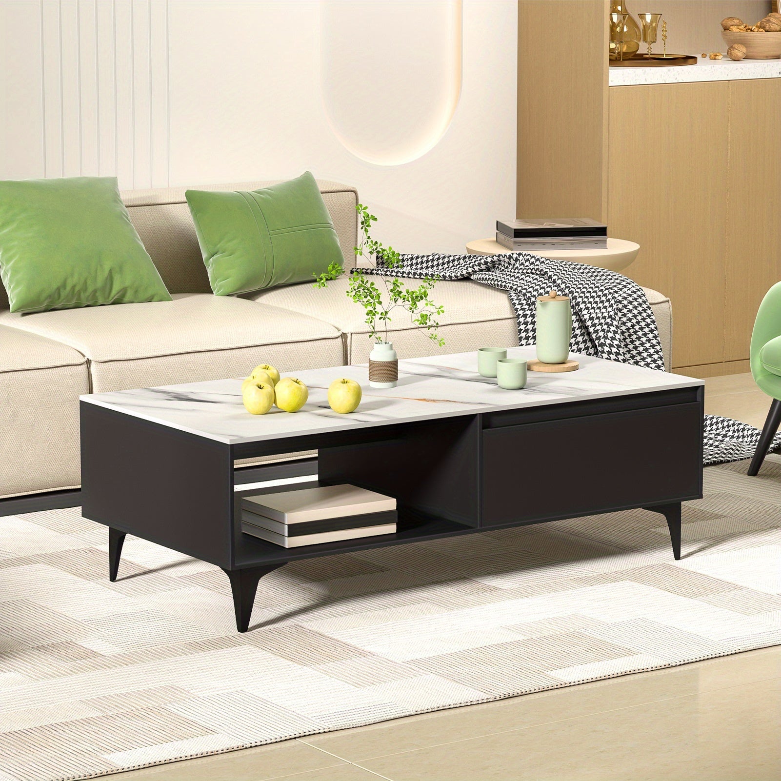 1 x Coffee Table Coffee Table, Modern End Table with Storage, Small Home Balcony Table, Rectangular Wooden Center Table with Drawers, Marble Top 47.24"x23.62"x15.75"