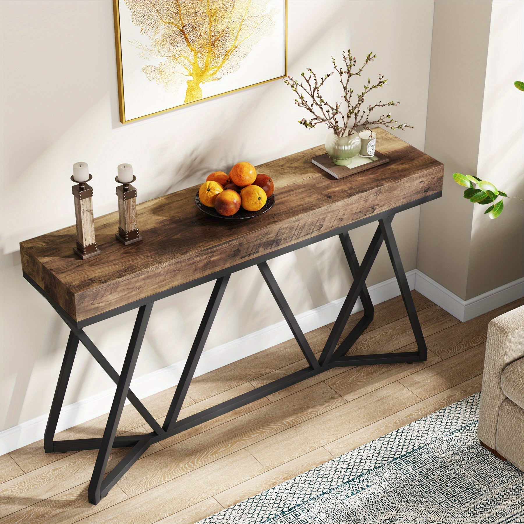 55 Inch Console Table, Farmhouse Sofa Table Wood Entryway Table with Unique Metal Base, Behind The Couch Table Foyer Table, Industrial Accent Table for Hallway, Living Room