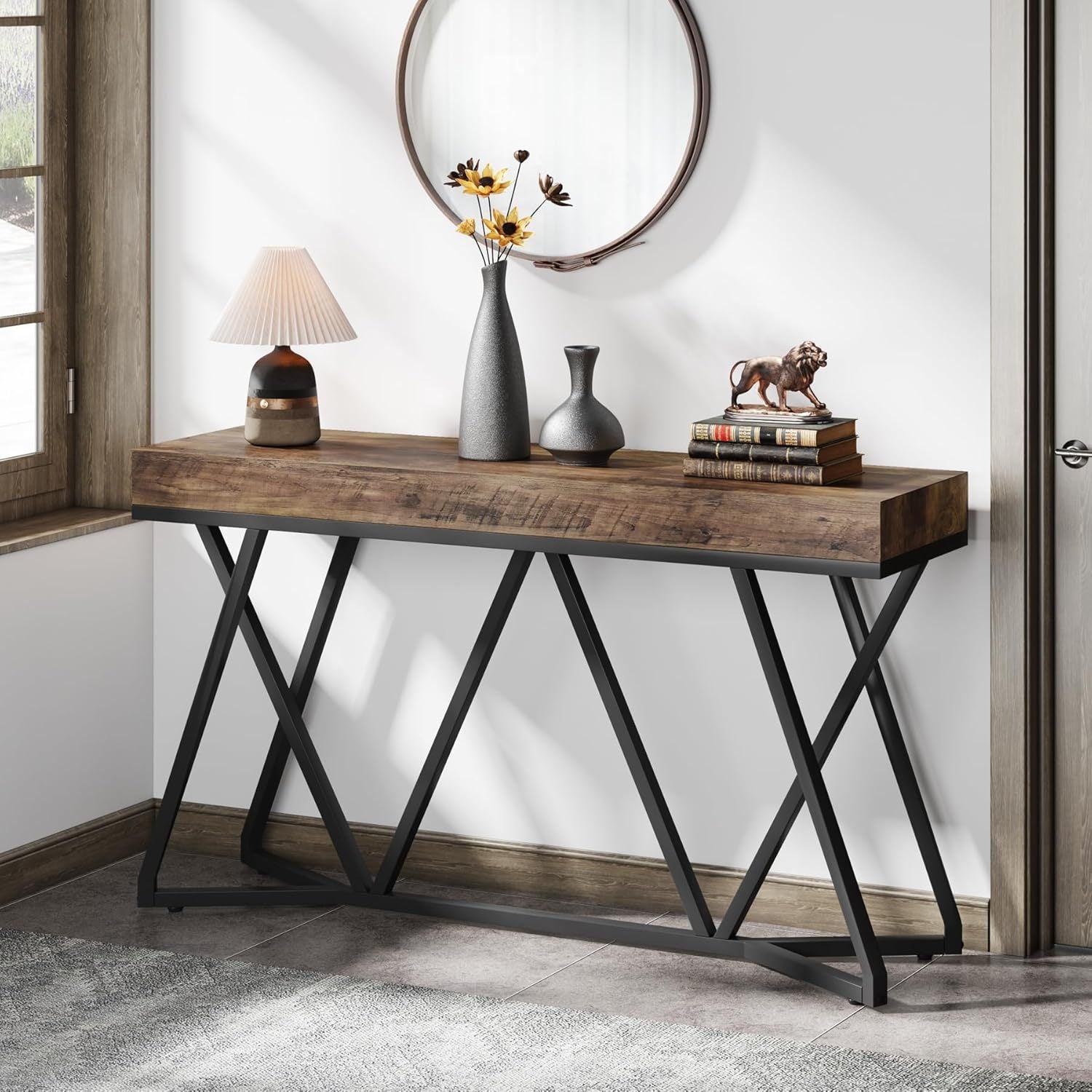 55 Inch Console Table, Farmhouse Sofa Table Wood Entryway Table with Unique Metal Base, Behind The Couch Table Foyer Table, Industrial Accent Table for Hallway, Living Room