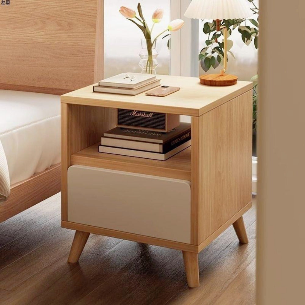 Modern Wooden Bedside Table with Drawer & Open Shelf - Multifunctional Side Table for Bedroom, Dorms & Small Spaces, Floor-Standing Storage Organizer, Real Wood Legs, Utility Racks