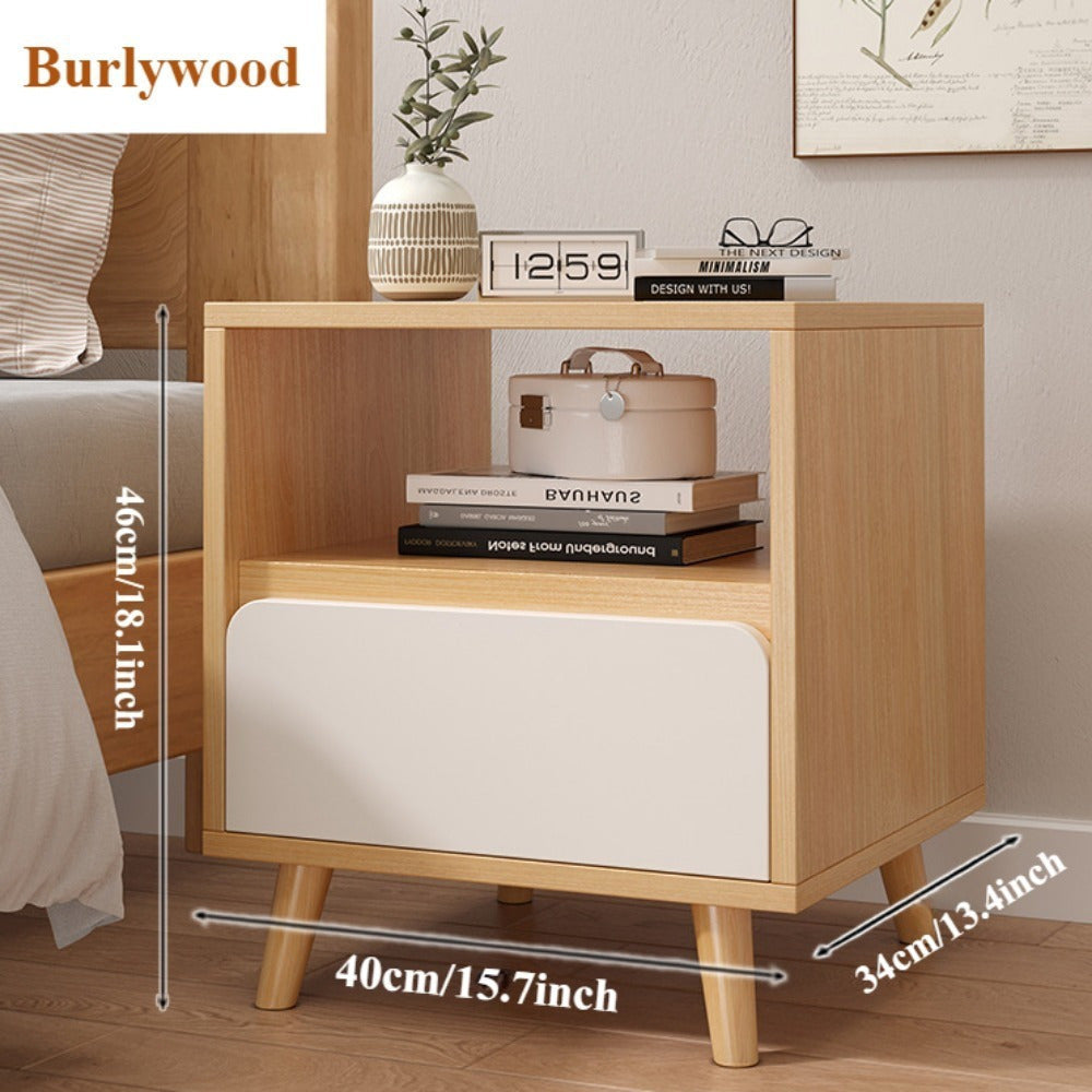 Modern Wooden Bedside Table with Drawer & Open Shelf - Multifunctional Side Table for Bedroom, Dorms & Small Spaces, Floor-Standing Storage Organizer, Real Wood Legs, Utility Racks