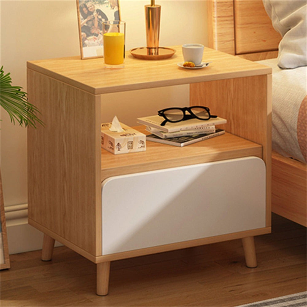 Modern Wooden Bedside Table with Drawer & Open Shelf - Multifunctional Side Table for Bedroom, Dorms & Small Spaces, Floor-Standing Storage Organizer, Real Wood Legs, Utility Racks