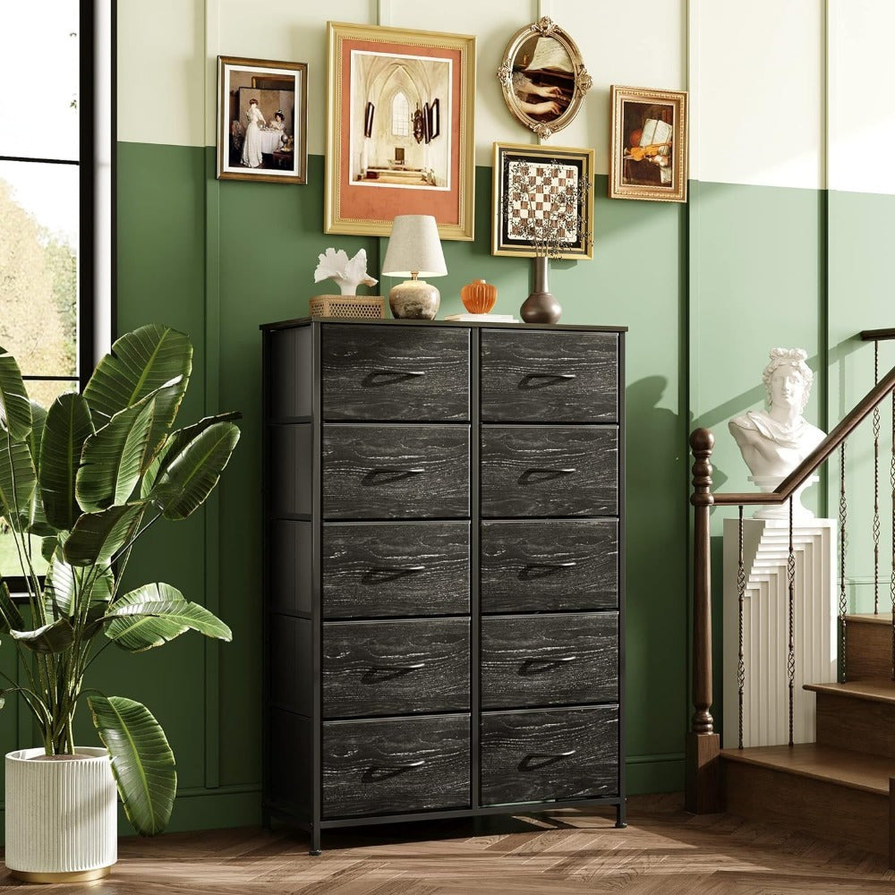 Tall Dresser for Bedroom with 10 Drawers, Chest of Drawers, Dressers Bedroom Furniture, Storage Organizer Unit with Fabric Bins for Closet, Hallway, Living Room