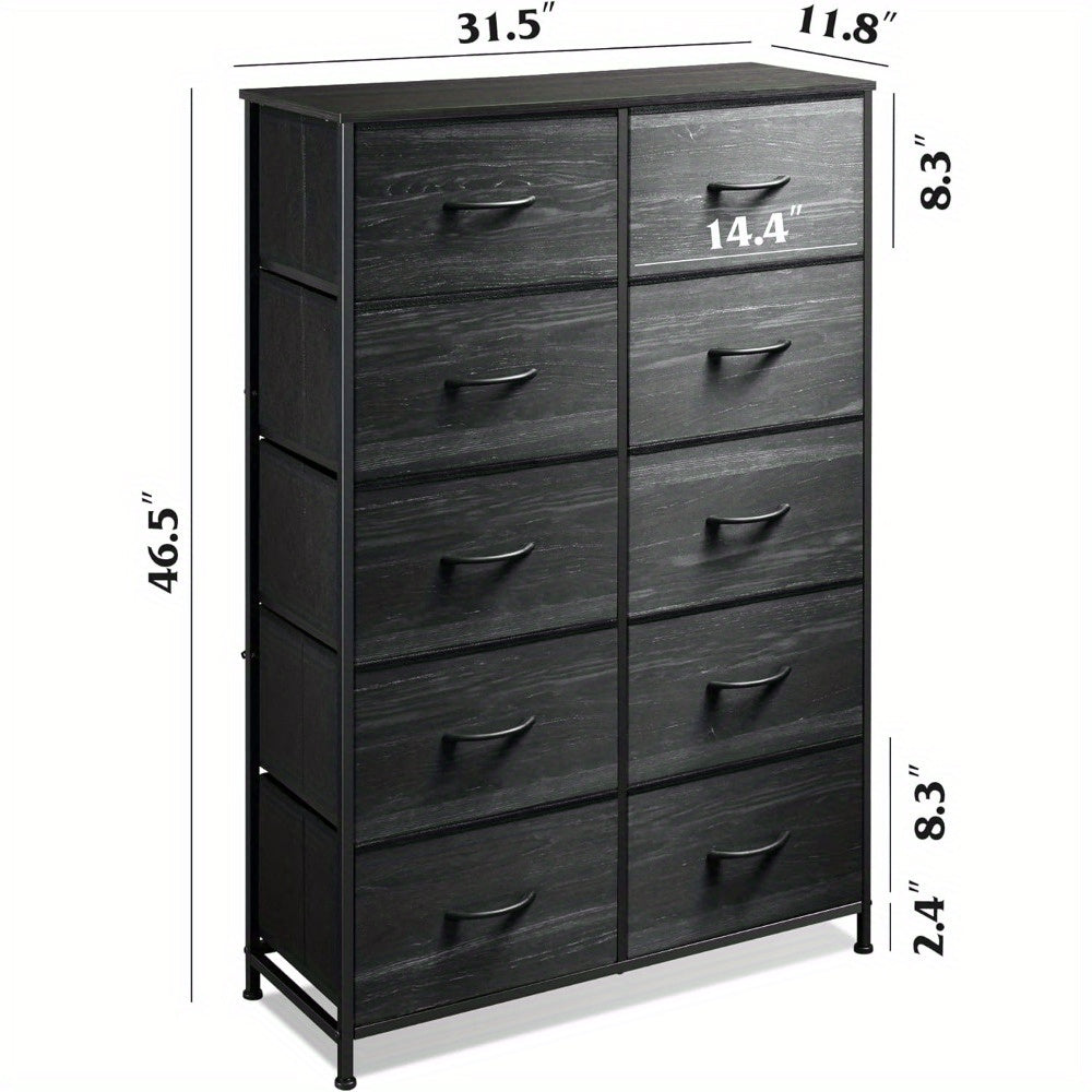 Tall Dresser for Bedroom with 10 Drawers, Chest of Drawers, Dressers Bedroom Furniture, Storage Organizer Unit with Fabric Bins for Closet, Hallway, Living Room