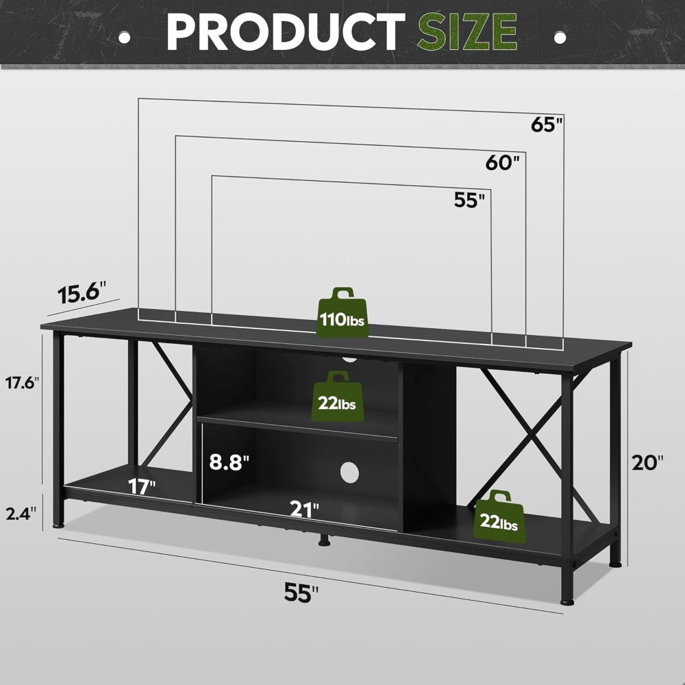 TV Stand up to 65 Inch TV, 55" Entertainment Center, Industrial TV Console with Open Storage Shelf for Living Room and Bedroom