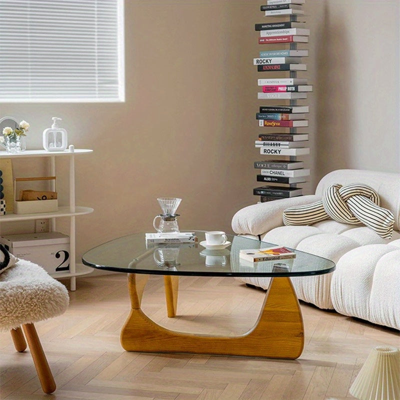 Mid-Century Modern Coffee Table - Triangle Glass Top Natural Wood Base Triangle Coffee Table For Living Room Patio
