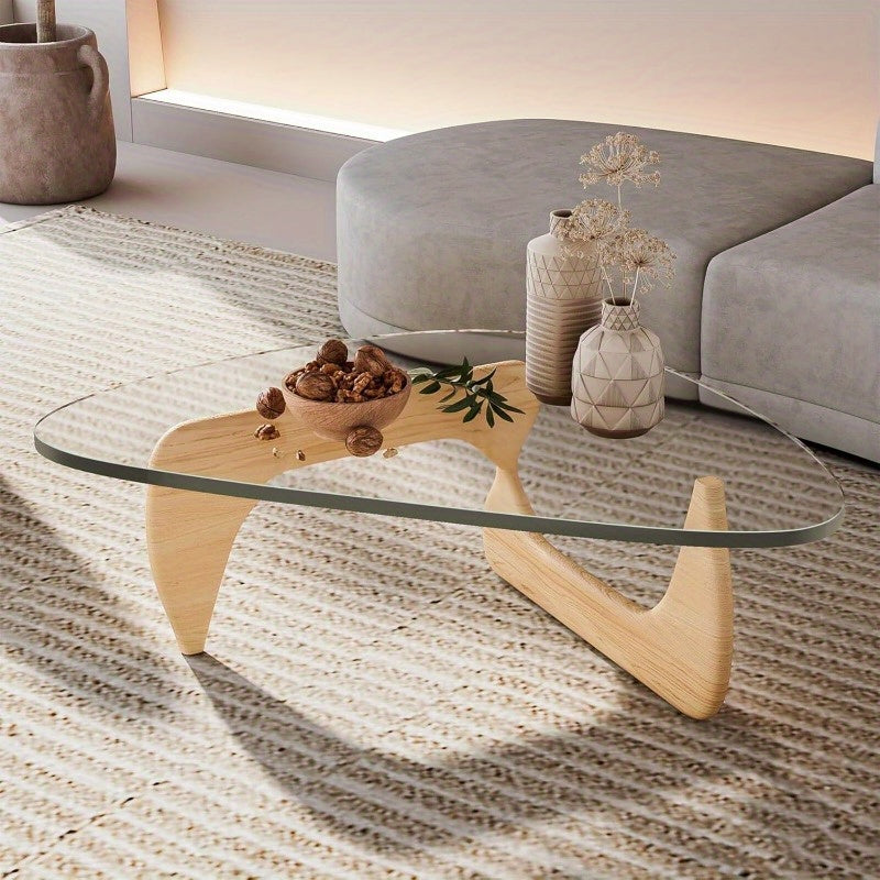 Mid-Century Modern Coffee Table - Triangle Glass Top Natural Wood Base Triangle Coffee Table For Living Room Patio