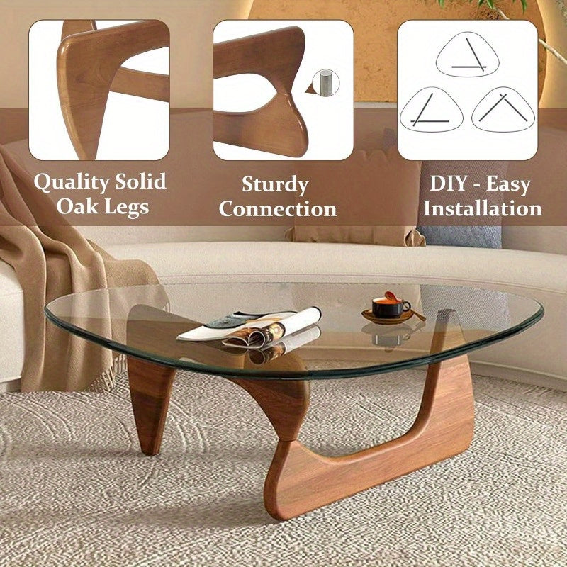 Mid-Century Modern Coffee Table - Triangle Glass Top Natural Wood Base Triangle Coffee Table For Living Room Patio