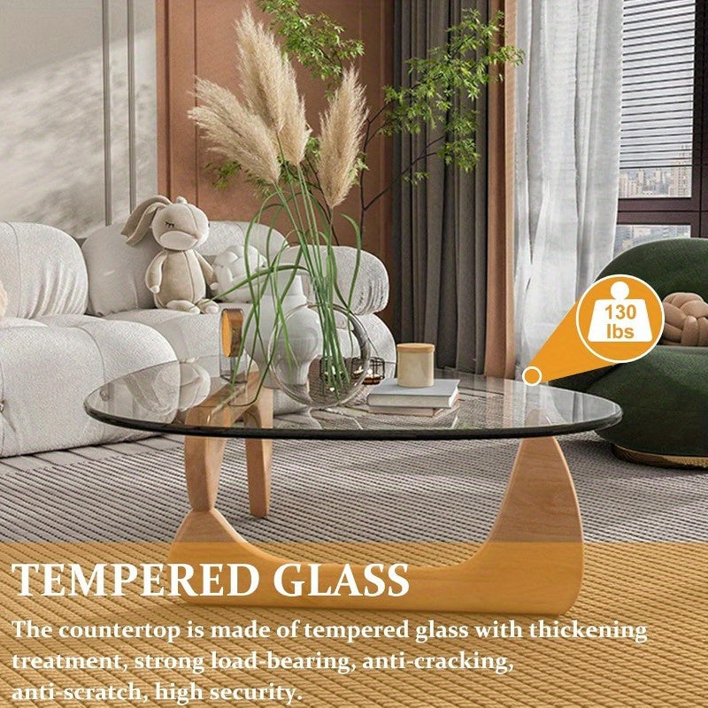 Mid-Century Modern Coffee Table - Triangle Glass Top Natural Wood Base Triangle Coffee Table For Living Room Patio