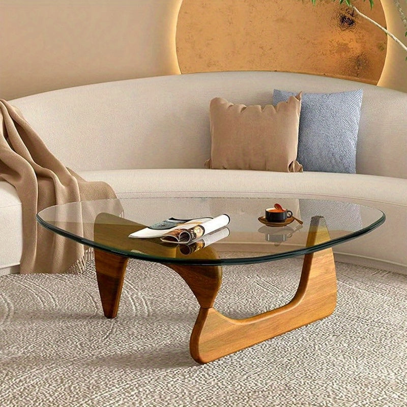 Mid-Century Modern Coffee Table - Triangle Glass Top Natural Wood Base Triangle Coffee Table For Living Room Patio