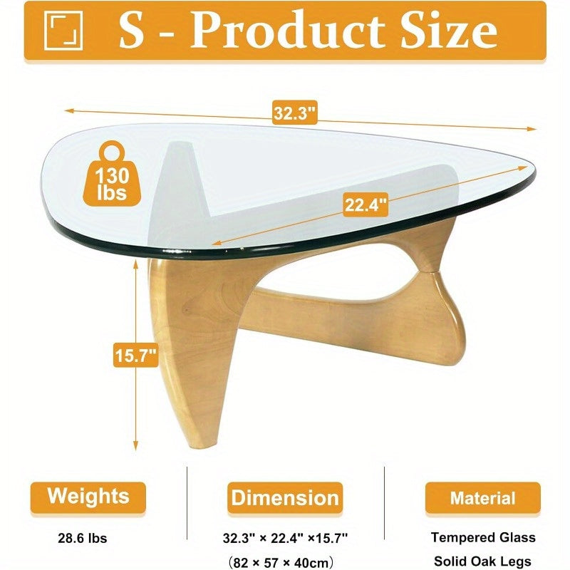 Mid-Century Modern Coffee Table - Triangle Glass Top Natural Wood Base Triangle Coffee Table For Living Room Patio
