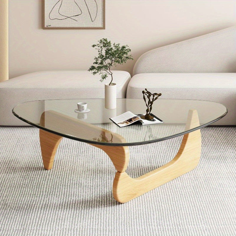 Mid-Century Modern Coffee Table - Triangle Glass Top Natural Wood Base Triangle Coffee Table For Living Room Patio
