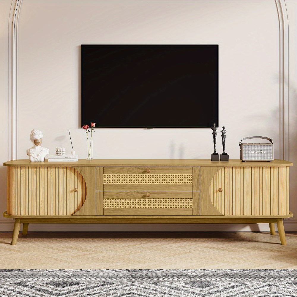 Rattan TV Stand for TVs up to 75'', Modern Farmhouse Media Console, Entertainment Center with Solid Wood Legs, TV Cabinet for Living Room, Home Theatre