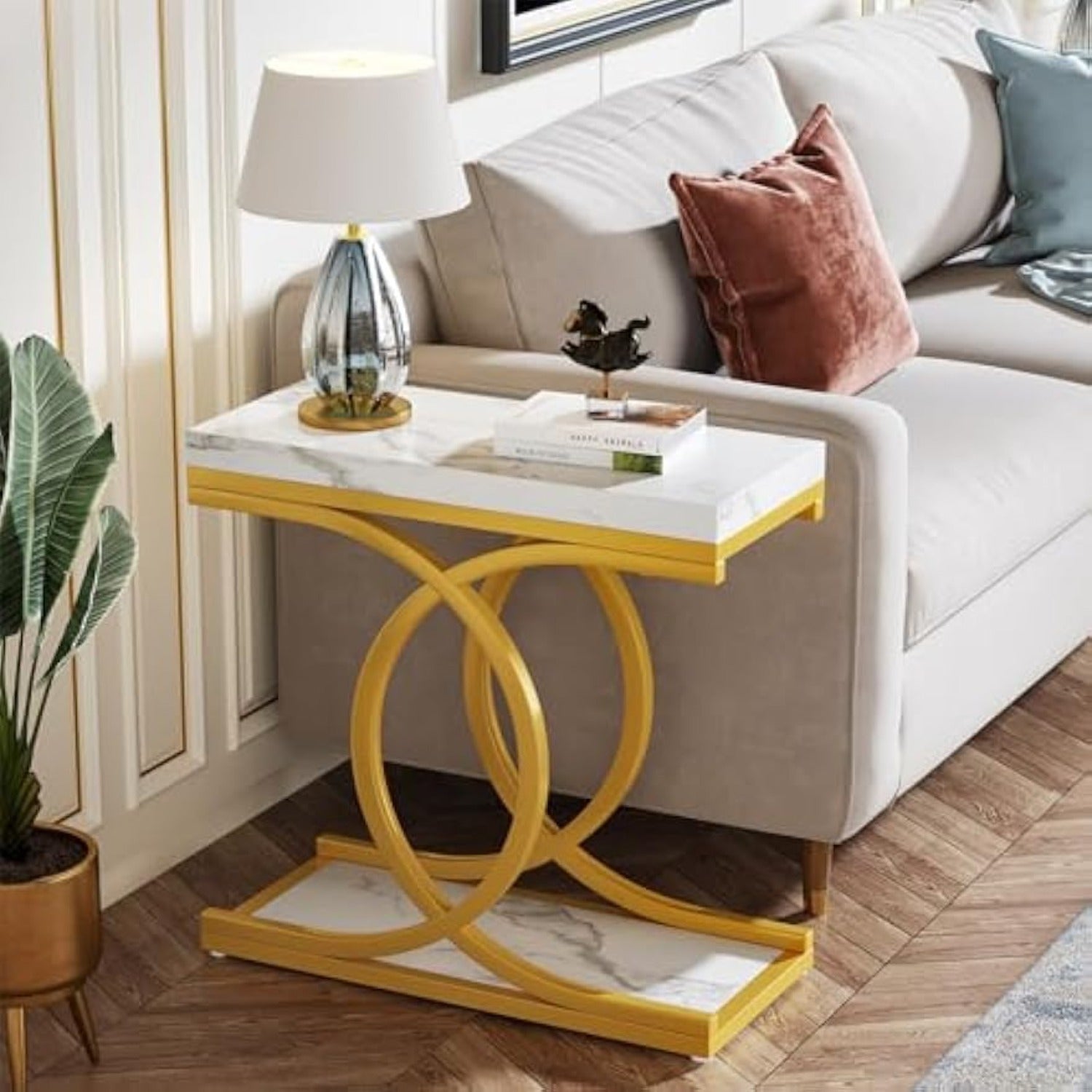 Modern End Table, Faux Marble Bedside Table, Rectangle Side Table Narrow Sofa End Table, Skinny Accent Table for Bedroom, Living Room, Small Space