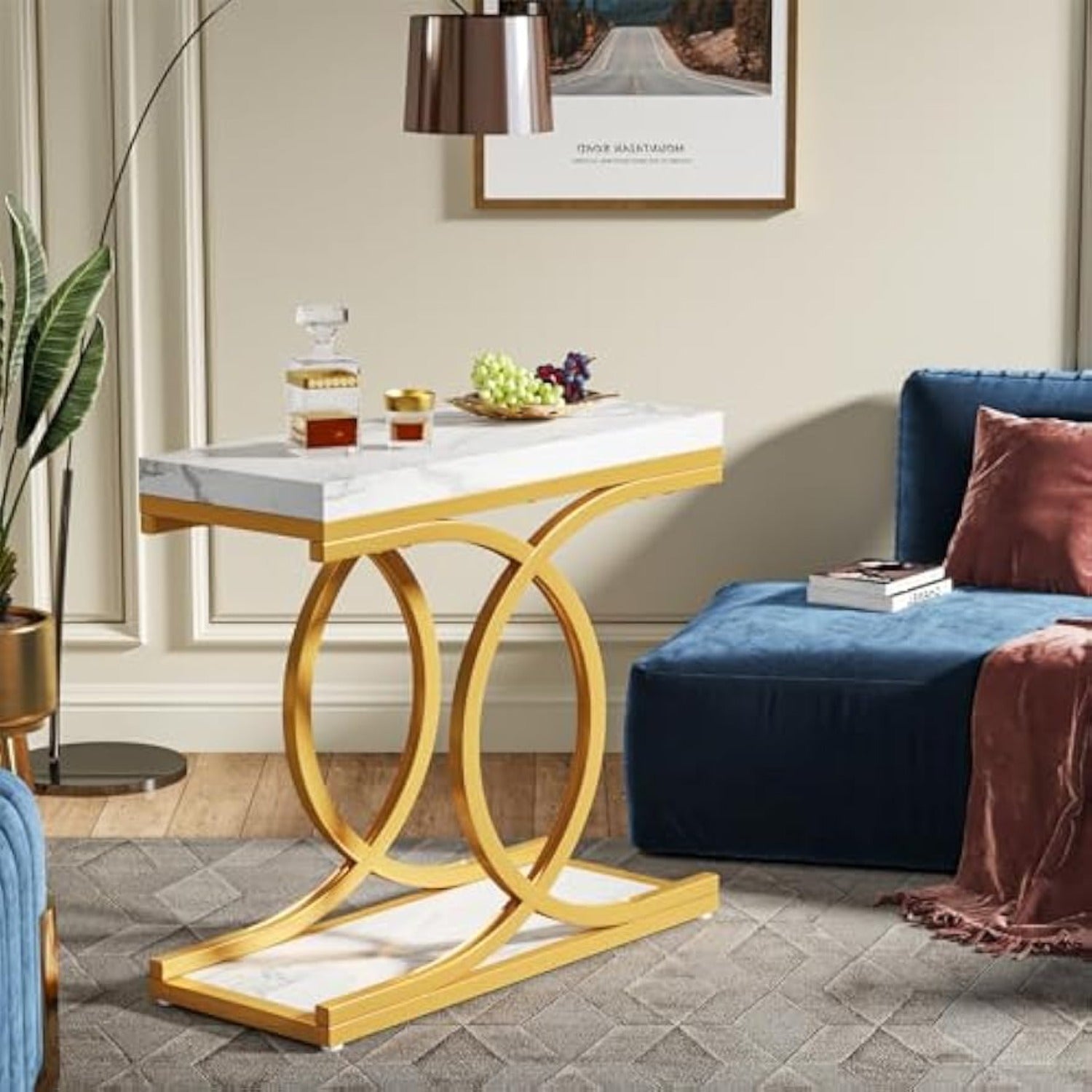 Modern End Table, Faux Marble Bedside Table, Rectangle Side Table Narrow Sofa End Table, Skinny Accent Table for Bedroom, Living Room, Small Space