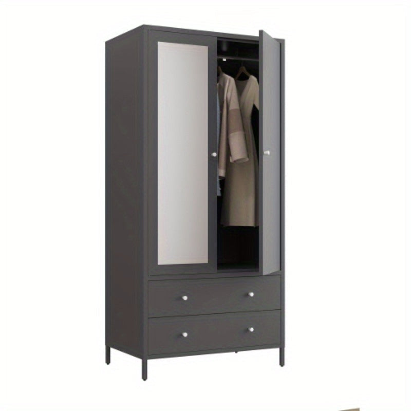 Metal Armoire Wardrobe Closet - 2 Drawers, Mirror Door, Hanging Rod - Dark Grey - Space-Saving Clothing Storage Cabinet - Ideal for Bedroom, Dorm, Apartment - Durable Garment Organizer with Magnetic Door - Enhances Room Organ