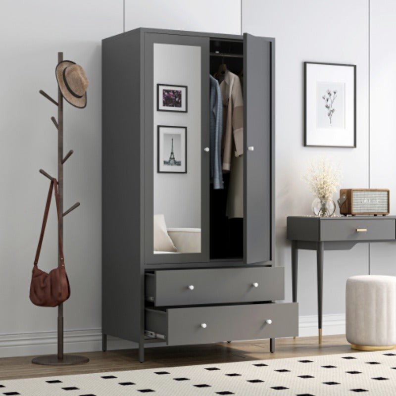 Metal Armoire Wardrobe Closet - 2 Drawers, Mirror Door, Hanging Rod - Dark Grey - Space-Saving Clothing Storage Cabinet - Ideal for Bedroom, Dorm, Apartment - Durable Garment Organizer with Magnetic Door - Enhances Room Organ