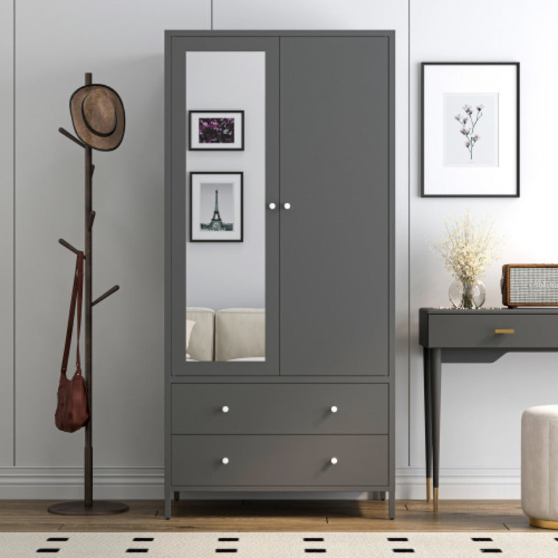 Metal Armoire Wardrobe Closet - 2 Drawers, Mirror Door, Hanging Rod - Dark Grey - Space-Saving Clothing Storage Cabinet - Ideal for Bedroom, Dorm, Apartment - Durable Garment Organizer with Magnetic Door - Enhances Room Organ