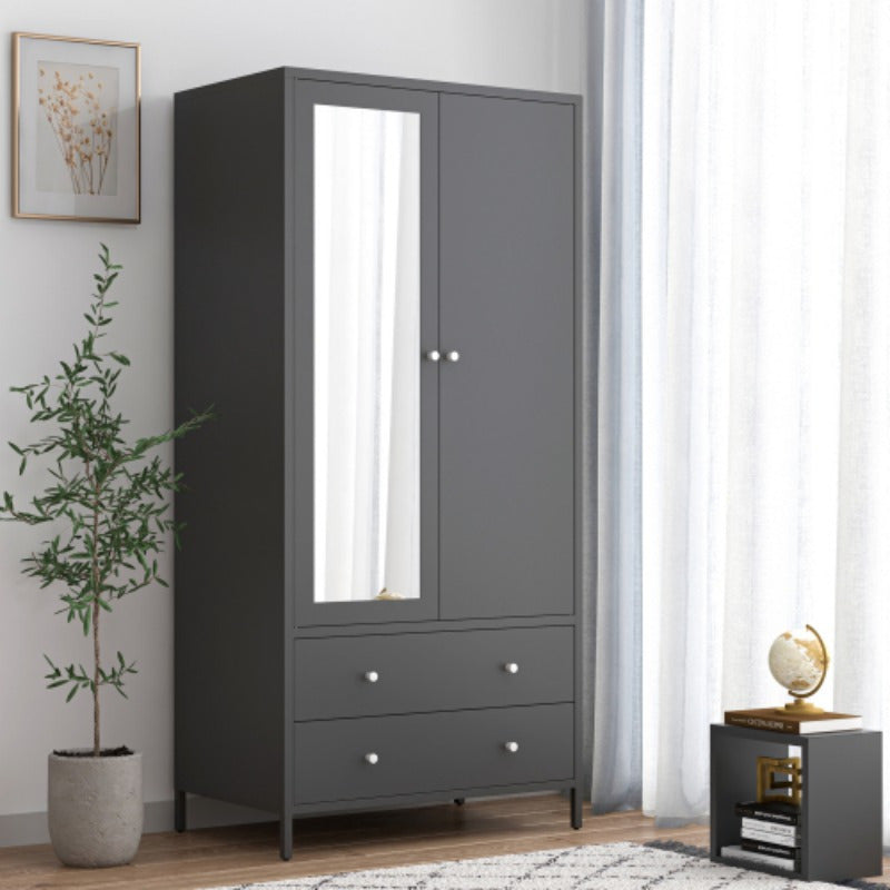 Metal Armoire Wardrobe Closet - 2 Drawers, Mirror Door, Hanging Rod - Dark Grey - Space-Saving Clothing Storage Cabinet - Ideal for Bedroom, Dorm, Apartment - Durable Garment Organizer with Magnetic Door - Enhances Room Organ