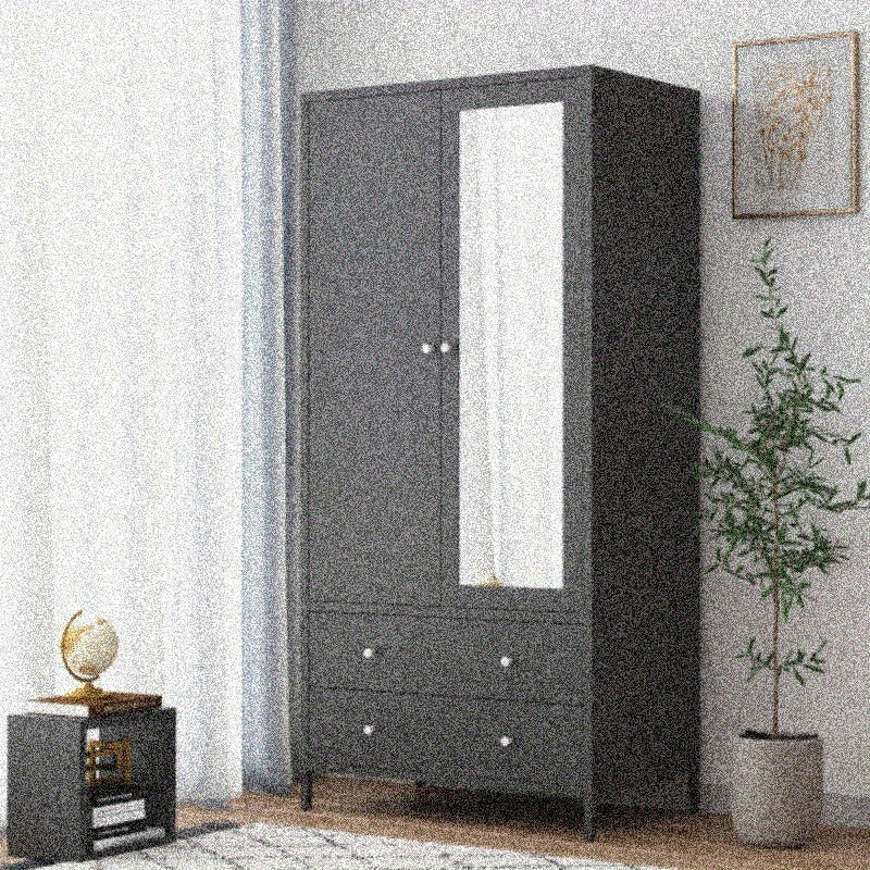 Metal Armoire Wardrobe Closet - 2 Drawers, Mirror Door, Hanging Rod - Dark Grey - Space-Saving Clothing Storage Cabinet - Ideal for Bedroom, Dorm, Apartment - Durable Garment Organizer with Magnetic Door - Enhances Room Organ