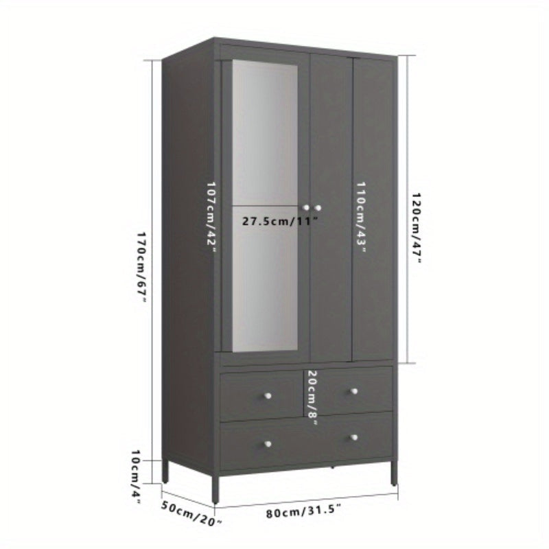 Metal Armoire Wardrobe Closet - 2 Drawers, Mirror Door, Hanging Rod - Dark Grey - Space-Saving Clothing Storage Cabinet - Ideal for Bedroom, Dorm, Apartment - Durable Garment Organizer with Magnetic Door - Enhances Room Organ