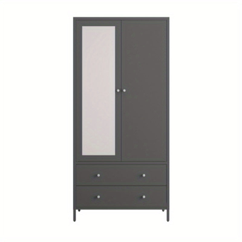 Metal Armoire Wardrobe Closet - 2 Drawers, Mirror Door, Hanging Rod - Dark Grey - Space-Saving Clothing Storage Cabinet - Ideal for Bedroom, Dorm, Apartment - Durable Garment Organizer with Magnetic Door - Enhances Room Organ