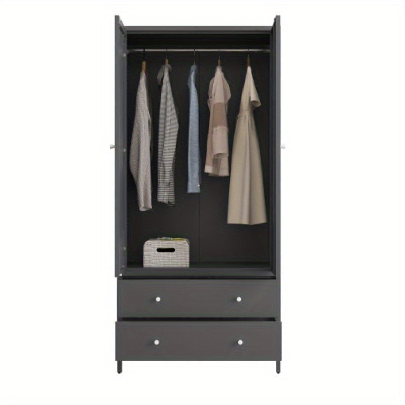 Metal Armoire Wardrobe Closet - 2 Drawers, Mirror Door, Hanging Rod - Dark Grey - Space-Saving Clothing Storage Cabinet - Ideal for Bedroom, Dorm, Apartment - Durable Garment Organizer with Magnetic Door - Enhances Room Organ