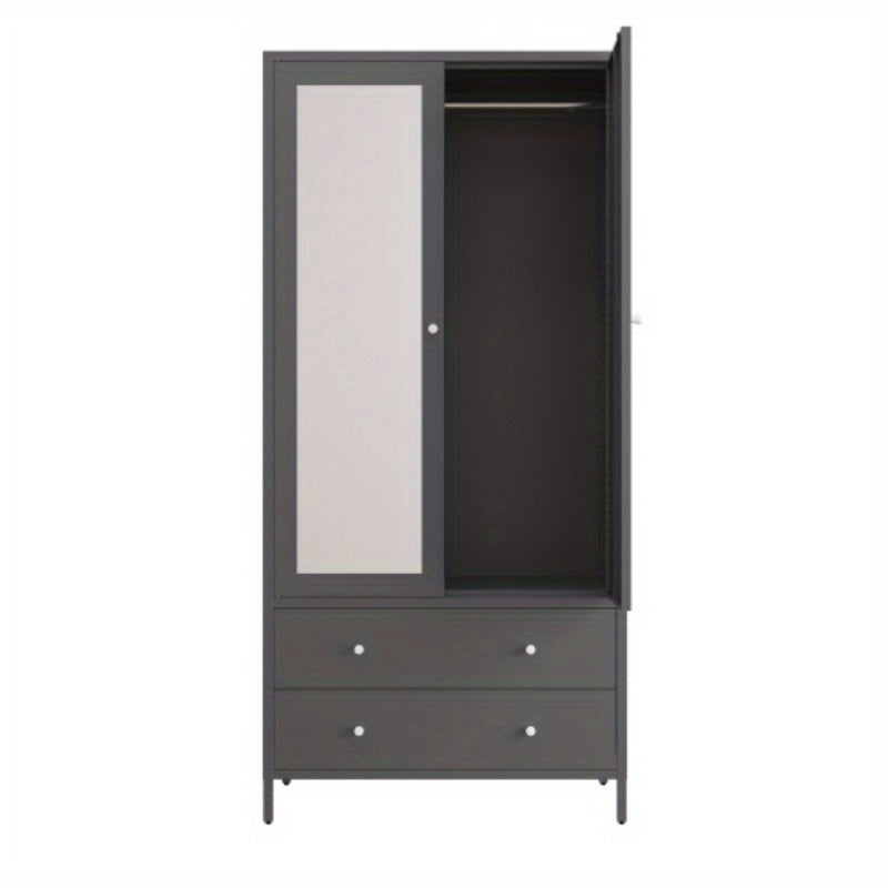 Metal Armoire Wardrobe Closet - 2 Drawers, Mirror Door, Hanging Rod - Dark Grey - Space-Saving Clothing Storage Cabinet - Ideal for Bedroom, Dorm, Apartment - Durable Garment Organizer with Magnetic Door - Enhances Room Organ