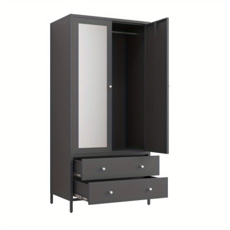 Metal Armoire Wardrobe Closet - 2 Drawers, Mirror Door, Hanging Rod - Dark Grey - Space-Saving Clothing Storage Cabinet - Ideal for Bedroom, Dorm, Apartment - Durable Garment Organizer with Magnetic Door - Enhances Room Organ