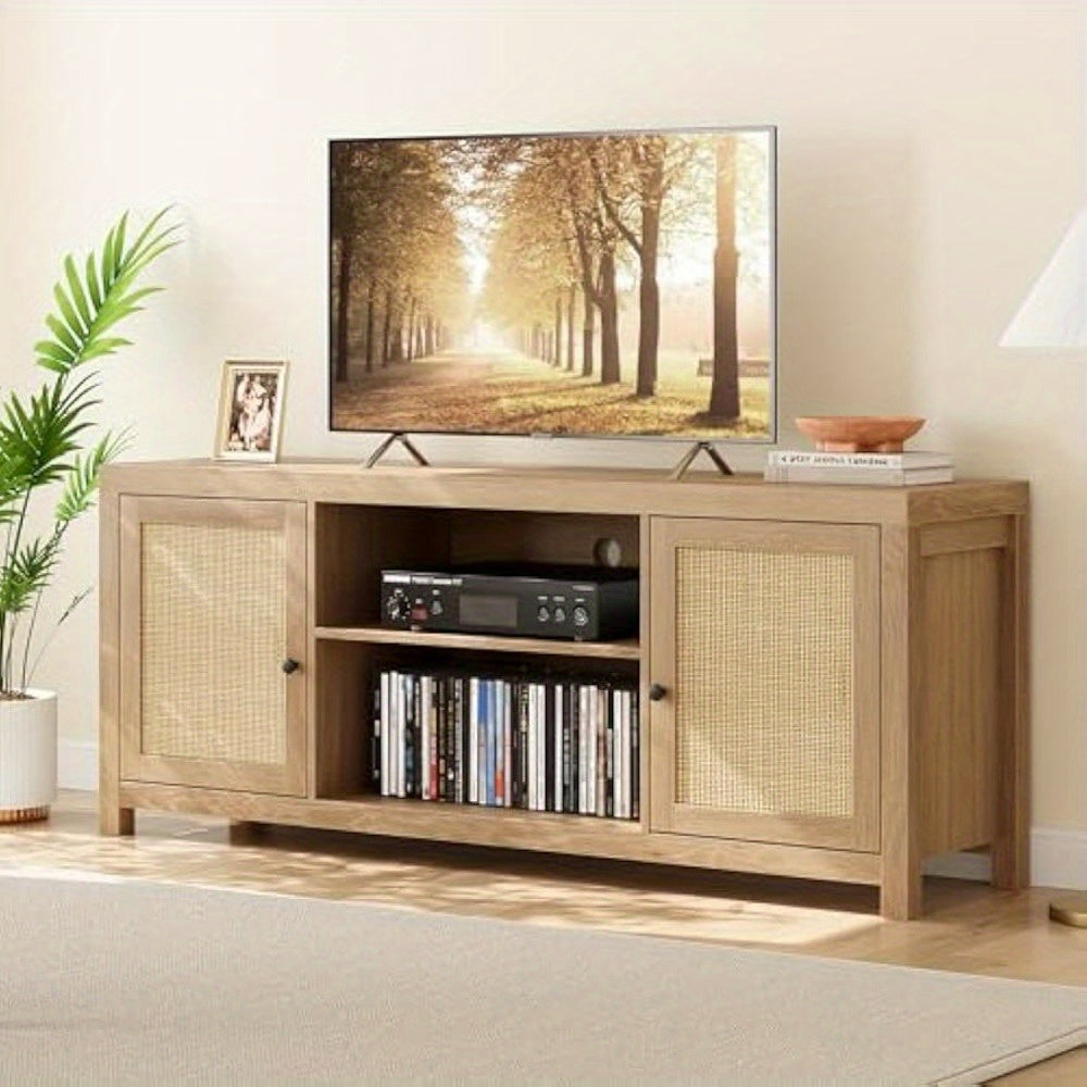 Rattan TV Stand for 65 Inch, Boho Entertainment Center with Storage And Doors, Wood TV & Media Console Under TV Cabinet Furniture for Living Room, Natural Oak (58 Inch)