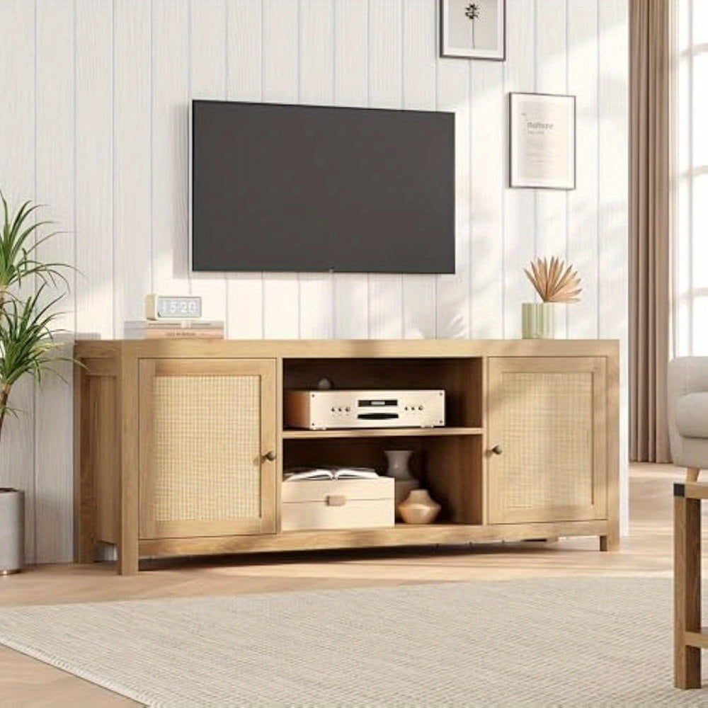 Rattan TV Stand for 65 Inch, Boho Entertainment Center with Storage And Doors, Wood TV & Media Console Under TV Cabinet Furniture for Living Room, Natural Oak (58 Inch)