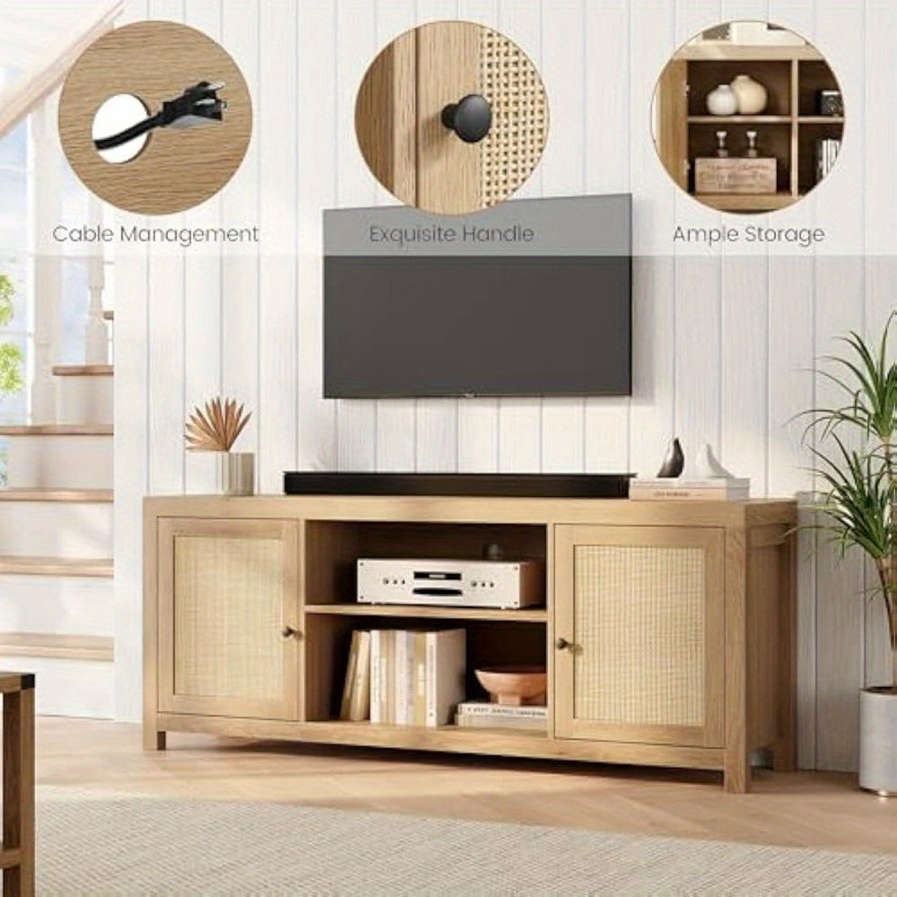 Rattan TV Stand for 65 Inch, Boho Entertainment Center with Storage And Doors, Wood TV & Media Console Under TV Cabinet Furniture for Living Room, Natural Oak (58 Inch)