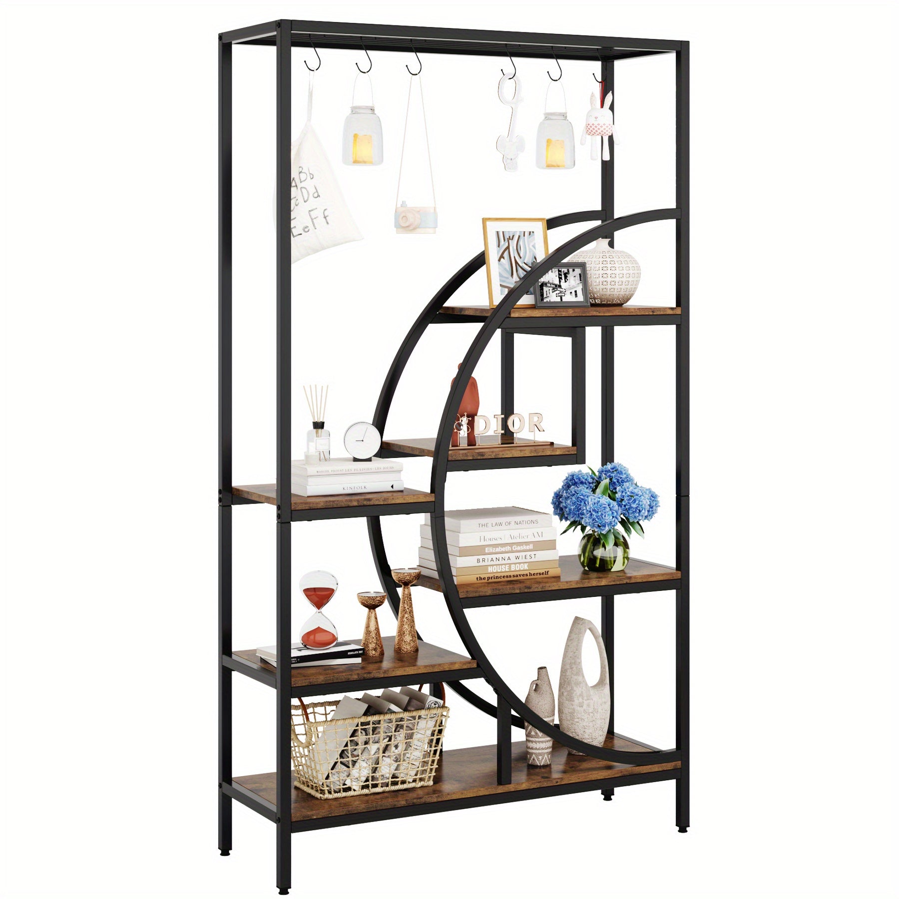 7 Tier Indoor Plant Stand, 70.9" Tall Half Moon Shaped Plant Shelf with 6PC S Hanging Hooks, Industrial Large Flower Pots Display Rack for Home Garden, Balcony, Patio