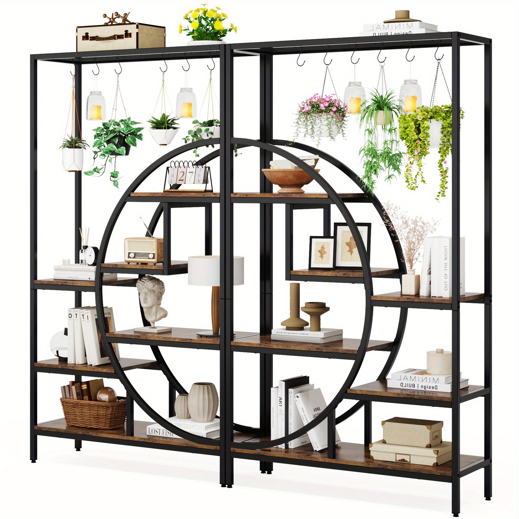 7 Tier Indoor Plant Stand, 70.9" Tall Half Moon Shaped Plant Shelf with 6PC S Hanging Hooks, Industrial Large Flower Pots Display Rack for Home Garden, Balcony, Patio