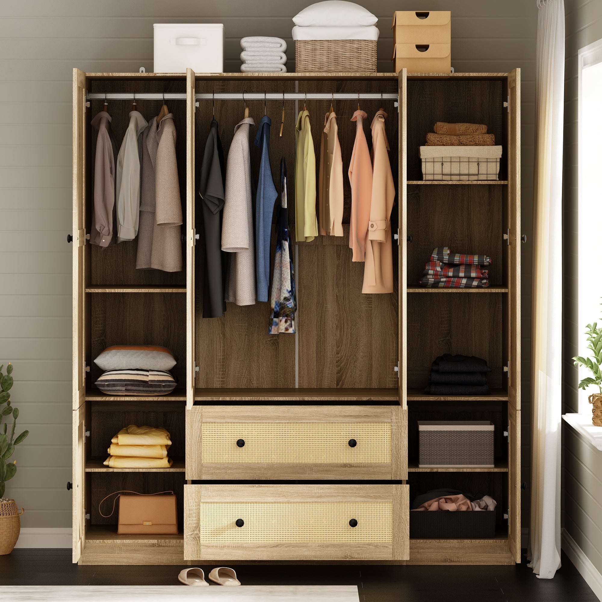 6-door 2-drawer wardrobe, storage cabinet with hanging rod, a stylish practical solution for your bedroom, large storage space