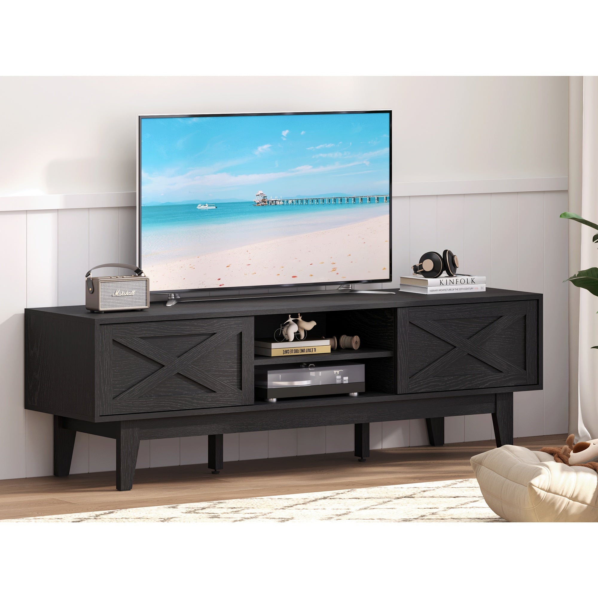 Rattan TV Stand 40-65 Inch for Living Room, Boho Entertainment Center with 2 Storage Cabinets Television Stands for Bedroom with Sliding Doors Rattan TV Console with Storage