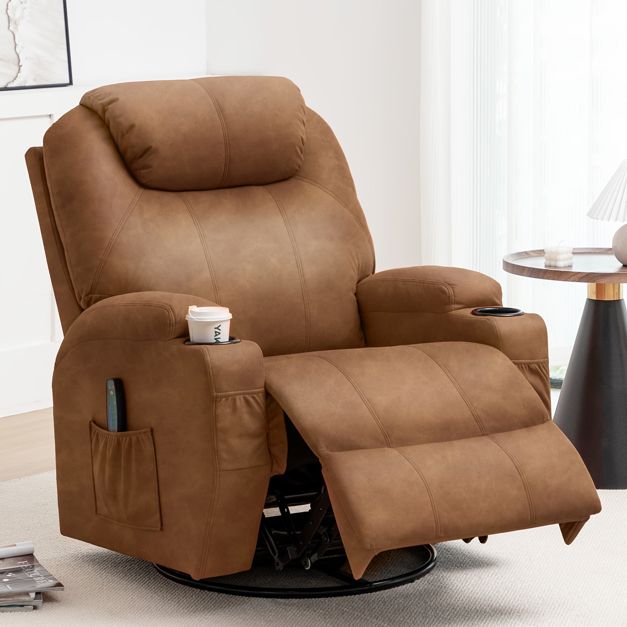 Luxurious Beige Faux Leather Recliner Chair with Heat & Vibration Massage | 360° Swivel Rocker, Side Pocket, Cup Holder | Ideal for Living Room, Bedroom, Conference Room | Powered by 110V/220V