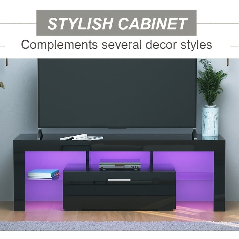 FashionTVstandTVcabinet, EntertainmentCenter, TVstationTV console, media console, with LEDlight belt, light belt remote control, toughenedglassshelf, metal handle, Canbeplaced in the living room, bedroom, black