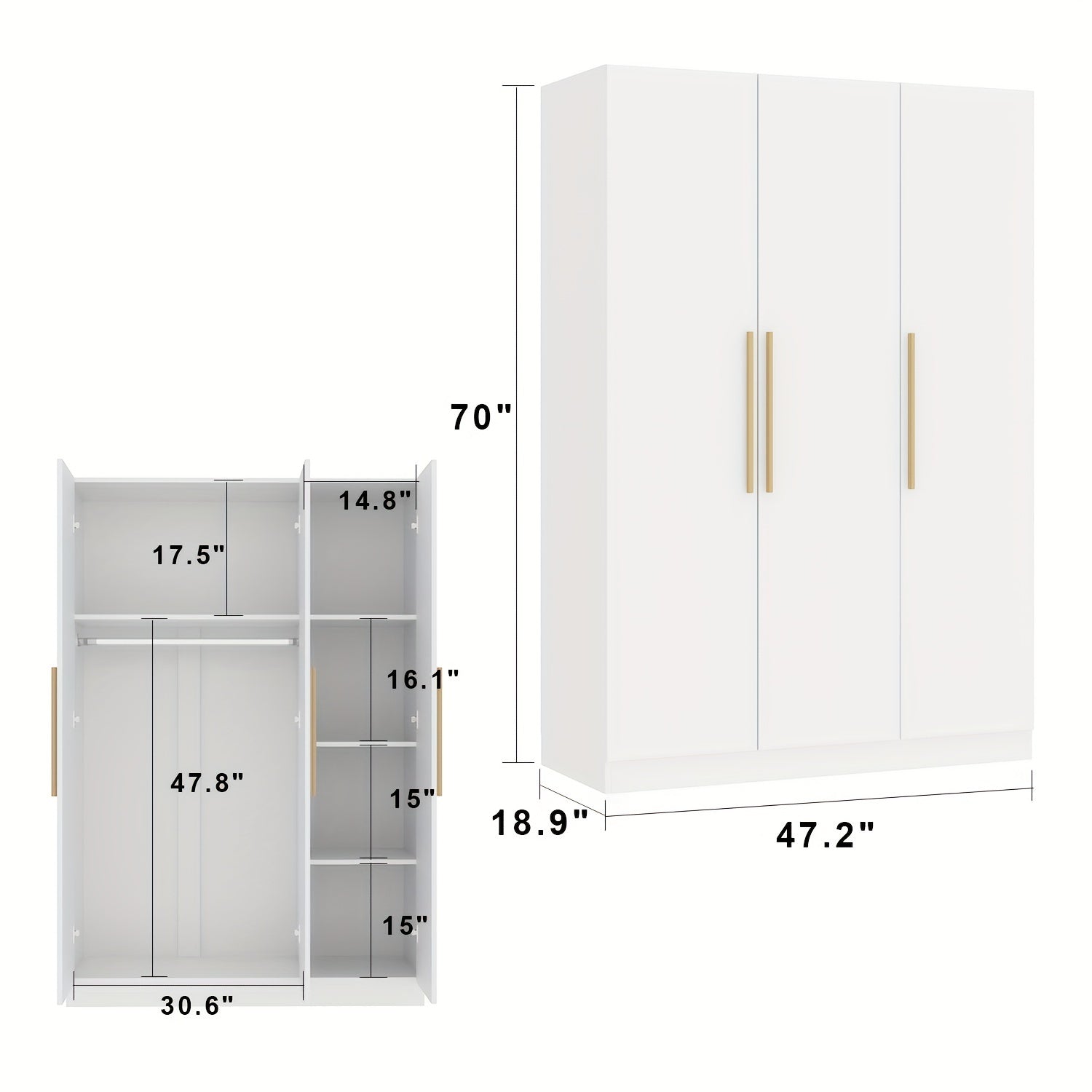 3 Door Large Wardrobe, 4 Folding Storage Area, Hanging Area, Bedroom Storage Wardrobe (70" X 47.2" X 18.9")