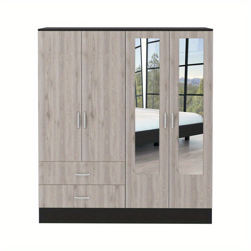 160" Armoire with Six Shelves, Two Double Doors & Dual Mirrors - Black & Light Gray Wardrobe for Bedroom or Hallway Storage, Clothing Storage|Classic Wardrobe Design|Functional Storage, Closet for Clothes