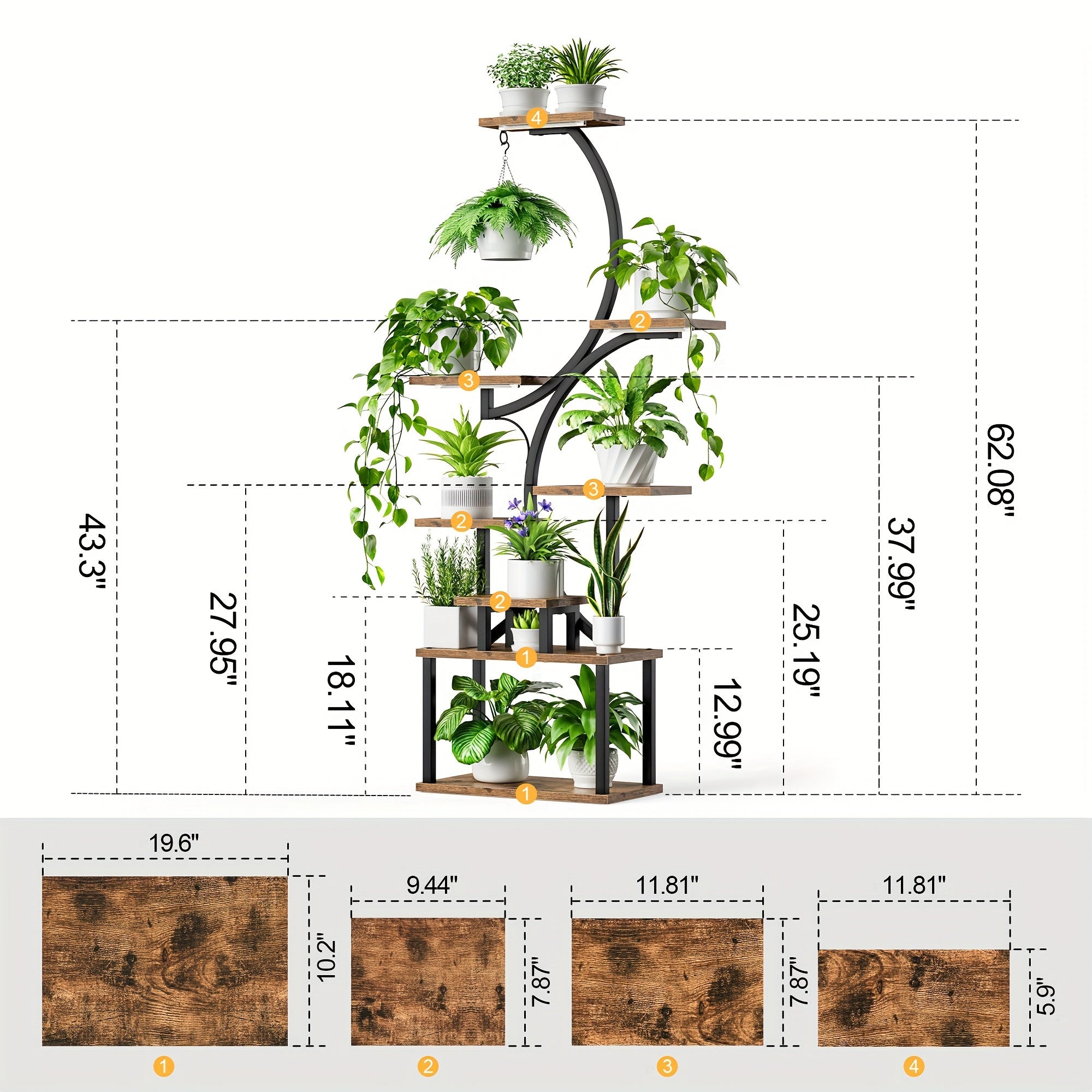 S-shaped Plant Stand Indoor With Grow Lights, 62'' Tall 8 Tiered Large Metal Household Plant Flower Stand With Thickened Wooden Boards, Multi Functional Display Stand, Suitable For Terraces, Balconies, Living Rooms, Courtyard