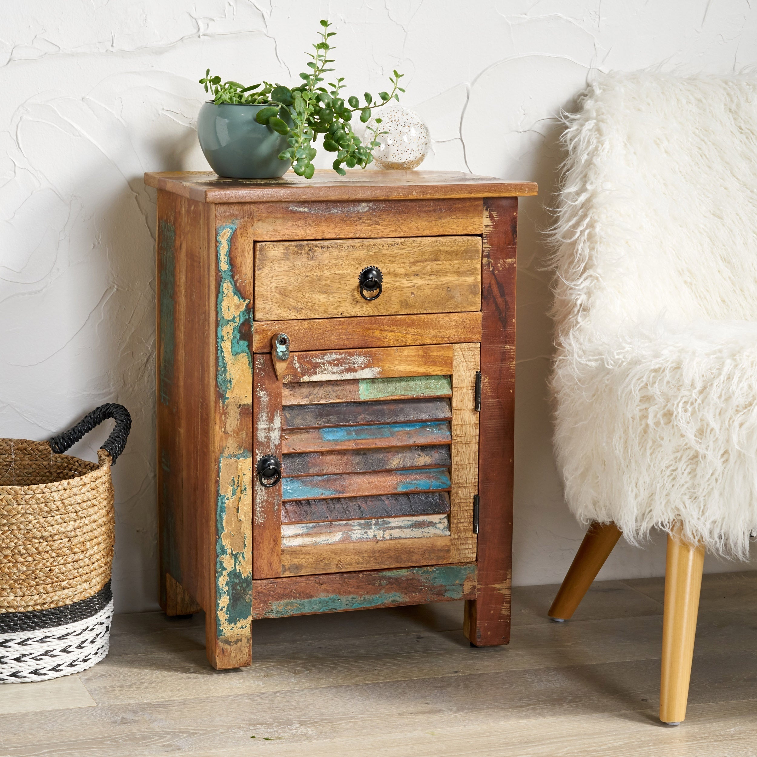 Handcrafted Recycled Wood Rustic Nightstand Side Table With Drawer Cabinet Slatted Door And Decorative Latch