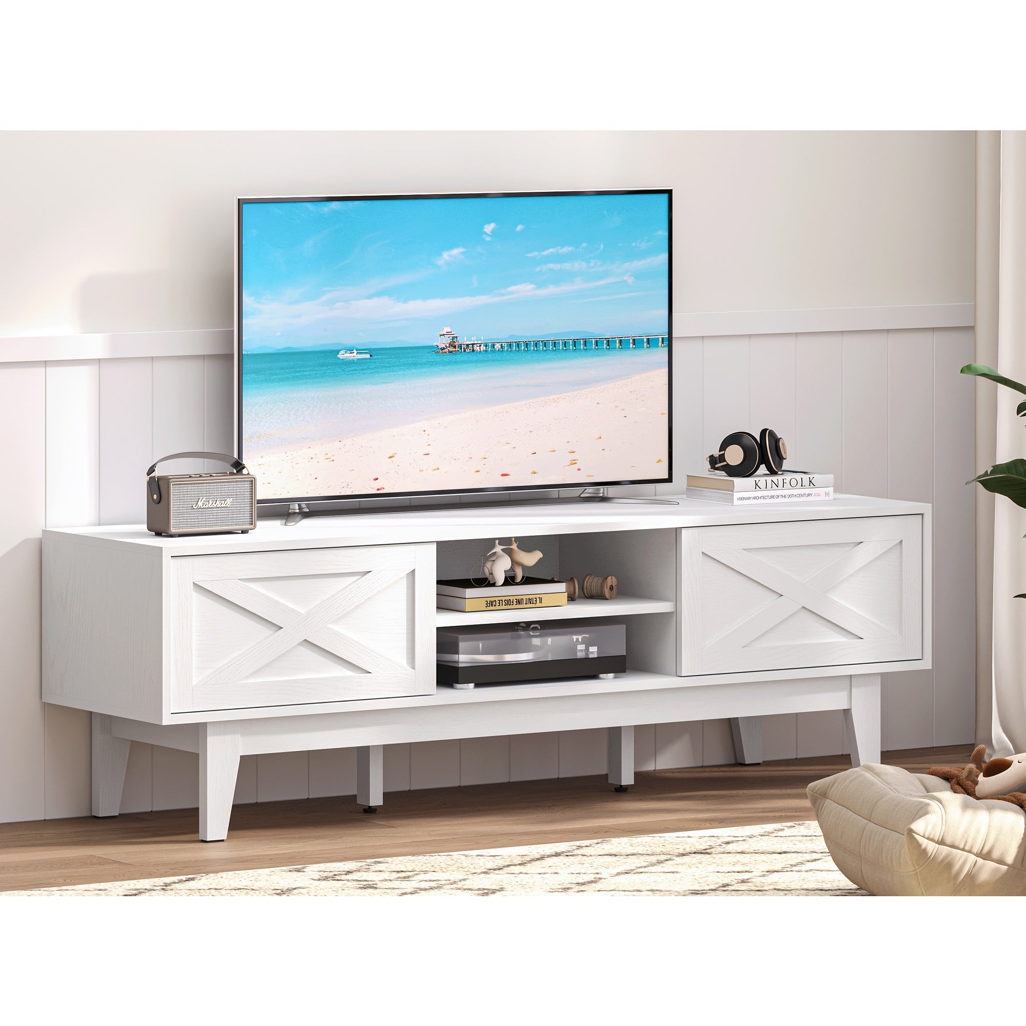 Rattan TV Stand 40-65 Inch for Living Room, Boho Entertainment Center with 2 Storage Cabinets Television Stands for Bedroom with Sliding Doors Rattan TV Console with Storage