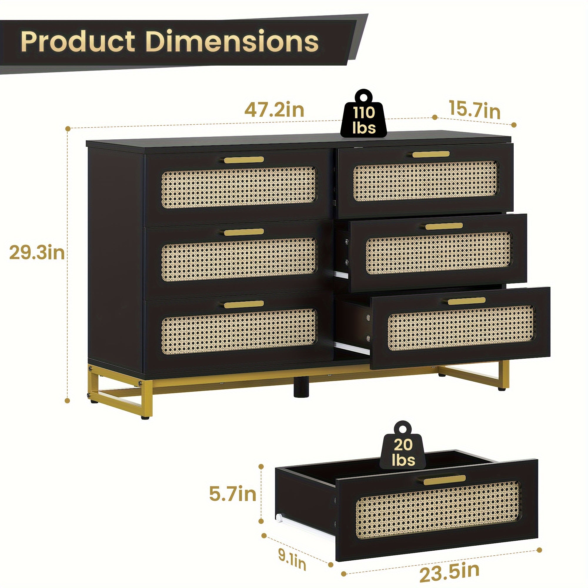 1PCS 6 Drawer Dresser Modern Rattan Dresser Chest Chest Of Drawers For Bedroom Living Room Black - Black - Dresser